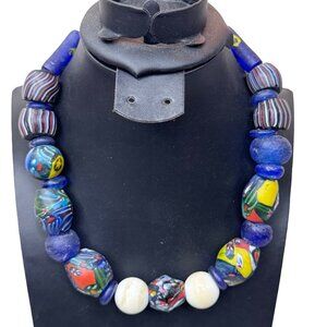 Vintage Chunky Statement Murano Art Glass Millefiori Design Necklace Heavy 17"